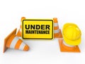 3d under maintenance sign board and construction cones