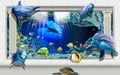 3d underwater living room wallpaper design for wall decor, Underwater fish Aquarium illustration background.