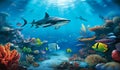 3d Undocean, a turquoise sea filled with much colorful fish, vibrant sea flowers, and sharks. wallpaper decor