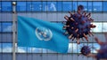 3D, United Nations flag waving with Coronavirus outbreak. UN and Covid19 concept