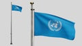 3D, United Nations flag waving on wind. Close up of UN banner blowing soft silk Royalty Free Stock Photo