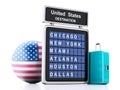 3d united states airport board and travel suitcases on white ba