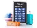 3d united states airport board and travel suitcases on white ba