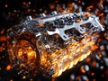 3d v8 engine visualization on abstract black background with dynamic orange and grey elements