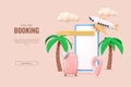 3D vacation. Online booking. Summer travel. Render plane and suitcase. Search flight ticket in phone. Airplane tourism Royalty Free Stock Photo