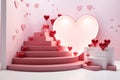 A 3D Valentine\'s Day display featuring a pink staircase with red heart-shaped balloons floating around it on pink background