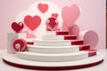 A 3D Valentine\'s Day display featuring a pink staircase with red heart-shaped balloons floating around it on pink background