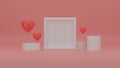 3d Valentine scene, mock up frame and podium with 3d romantic hearts on pink background