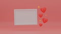 3d Valentine scene, mock up frame with 3d realistic romantic hearts on pink background