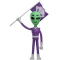 3D Valiant Alien Cartoon Character lift a flag