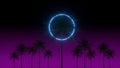3D vaporwave render background with neon circle, palms and night violet sky. Synthwave 1980s rentowave illustration.
