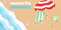 3d vector Beach chair, red umbrella and ball, summer vacation, travel time concept. Vector Eps 10 Royalty Free Stock Photo