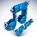 3d vector blue shattered musical notes with music word. Art melody transform symbol broken into pieces.