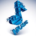 3d vector blue shattered musical notes with music word. Art melody transform symbol broken into pieces.