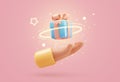 3d vector cartoon human hand giving magic gift box with light effect vector illustration. Arm holding blue giftbox
