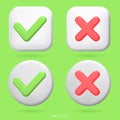 3D vector correct and incorrect sign or check mark box frame with green tick and red cross symbols. Yes or no 3d icons