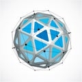 3d vector digital wireframe spherical object made using triangular facets. Geometric polygonal structure created with lines mesh. Royalty Free Stock Photo