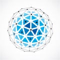 3d vector digital wireframe spherical object made using triangular facets. Geometric polygonal structure created with lines mesh. Royalty Free Stock Photo