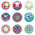 3d vector digital wireframe spherical objects made using different geometric facets. Polygonal orbs created with lines mesh. Low Royalty Free Stock Photo