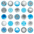 3d vector digital wireframe spherical objects made using different geometric facets. Polygonal orbs created with lines mesh. Low