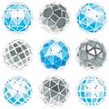 3d vector digital wireframe spherical objects made using different geometric facets. Polygonal orbs created with lines mesh. Low Royalty Free Stock Photo