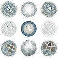 3d vector digital wireframe spherical objects made using different geometric facets. Polygonal orbs created with lines mesh. Low Royalty Free Stock Photo