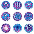 3d vector digital wireframe spherical objects made using different geometric facets. Polygonal orbs created with lines mesh. Low Royalty Free Stock Photo