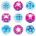3d vector digital wireframe spherical objects made using different geometric facets. Polygonal orbs created with lines mesh. Low Royalty Free Stock Photo