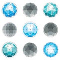 3d vector digital wireframe spherical objects made using different geometric facets. Polygonal orbs created with lines mesh. Low Royalty Free Stock Photo