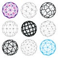 3d vector digital wireframe spherical objects made using different geometric facets. Polygonal orbs created with lines mesh. Low Royalty Free Stock Photo