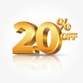 3d vector gold 20 percent off text with reflection isolated on white background Royalty Free Stock Photo