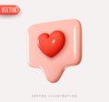3d vector icon message dialog button with red heart. Realistic Elements for romantic design. Isolated object on pink