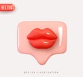 3d vector icon message dialog button with red lips. Realistic Elements for romantic design. Isolated object on white