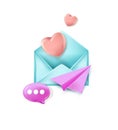 3d vector icon of an open letter in an envelope, a postal letter with a pink heart, an airplane, a message Realistic elements for