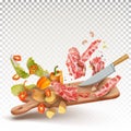 3d vector illustration of cooking meat beef steaks with chopped potatoes, bell peppers, Chinese cabbage leaves, garlic, spices.