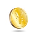 3D Vector illustration of Gold Yen Yuan Coin isolated in white color background. Japanesse and Chinesse currency symbol