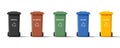 3d vector illustration icon set of recycle garbage bins in different colours with types of recycle materials