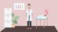 2D vector illustration of male doctor standing in laboratory