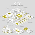 3d vector Isometric info graphic city streets with different buildings, houses, shops and skyscrapers.