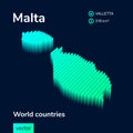 3d vector isometric Malta map in neon turquoise colors on a dark blue background.
