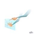 3d vector, low poly hands touching holographic display