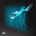 3d vector, low poly hands touching holographic display
