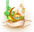 3d vector mosque, crescent moon, ketupat, lanterns and palm trees united by ribbon as beautiful decoration for ramadan mubarak and
