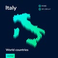 3d vector neon isometric Italy map in turquoise colors on a dark blue background.