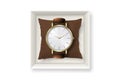 3d Vector Realistic Golden Classic Vintage Unisex Wrist Watch with Roman Numerals in Paper Box Icon Closeup Isolated on