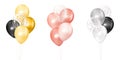 3d vector realistic golden, rose and silver bunches of helium balloons isolated on white background. Decoration element