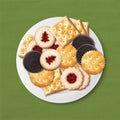 3d Vector realistic illustration. Different types of cookies on the plate. Crackers, chocolate cookies, linzer cookie