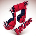 3d vector red shattered musical notes with music word. Art melody transform symbol broken into pieces.