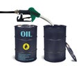 3d vector refueling black barrels with a fuel nozzle with oil, gasoline, diesel. Set of barrels 200 liters.