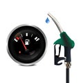 3D vector refueling a car with oil, gasoline, diesel. Fuel gauge level indicator with fuel nozzle and drop. Gas station